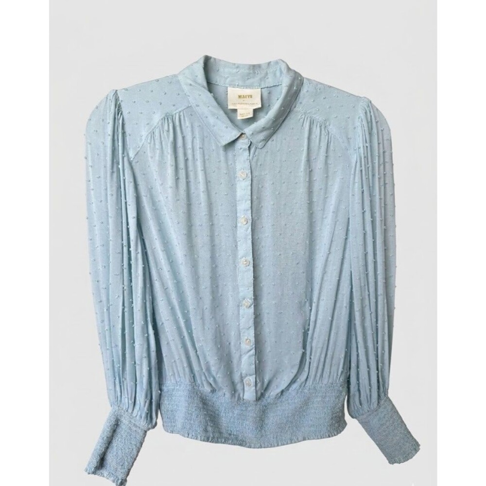 Maeve Anthropologie Blouse Women’s Light Blue Rosa Swiss Dot Smocked Top Size M